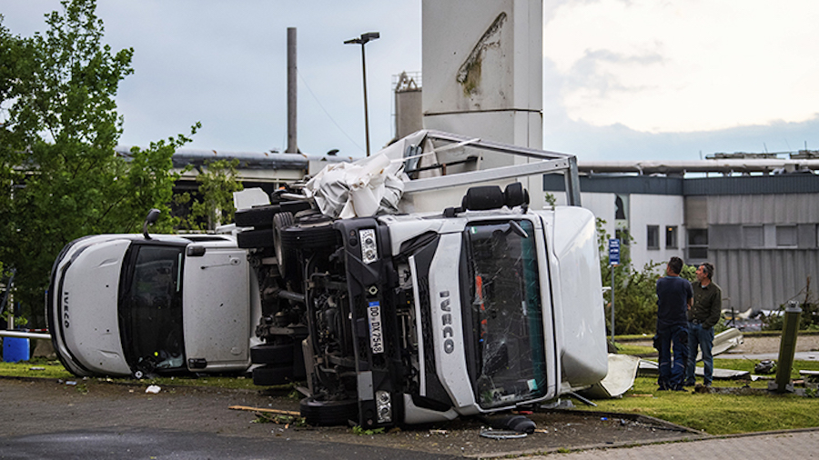 Two trucks overturned after a storm in Paderborn, Germany, Friday, May 20, 2022. A tornado swept th...