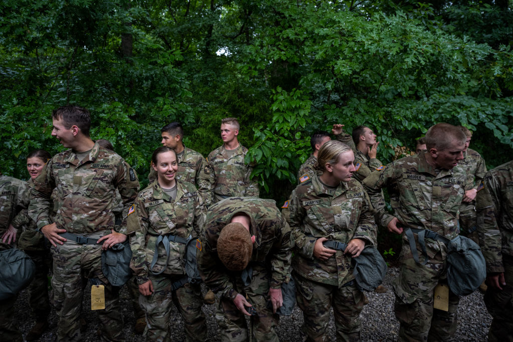 FORT KNOX, KY - JULY 01: Cadets form a line ready to enter The Confidence Chamber, a building fille...