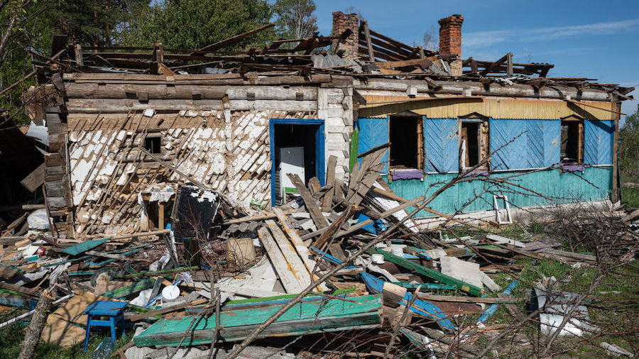 A destroyed house on May 11, 2022, in Kukhari, Ukraine. The towns around Kyiv are continuing a long...