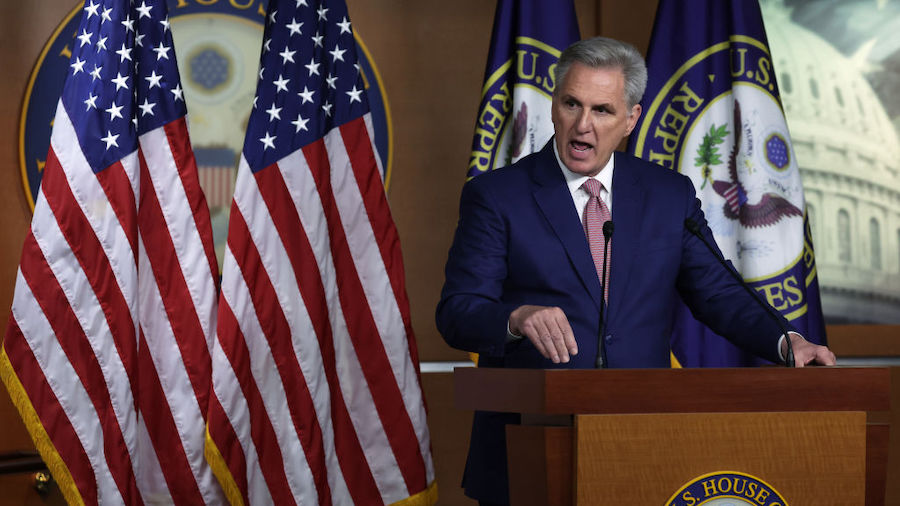 U.S. House Minority Leader Rep. Kevin McCarthy (R-CA) speaks during a weekly news conference at the...