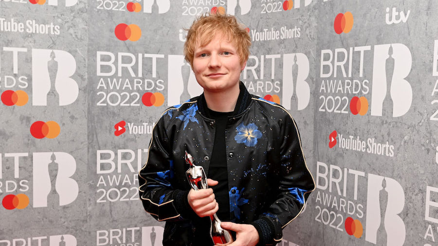Ed Sheeran poses with his award in the media room during The BRIT Awards 2022 at The O2 Arena on Fe...
