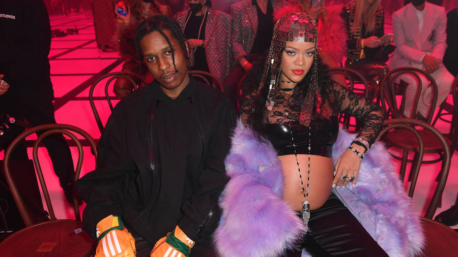 Asap Rocky and Rihanna are seen at the Gucci show during Milan Fashion Week Fall/Winter 2022/23 on ...