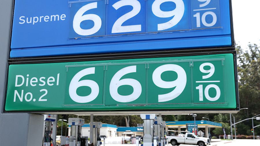 MILL VALLEY, CALIFORNIA - MAY 02: Diesel prices over $6.50 a gallon are displayed at a Chevron gas ...