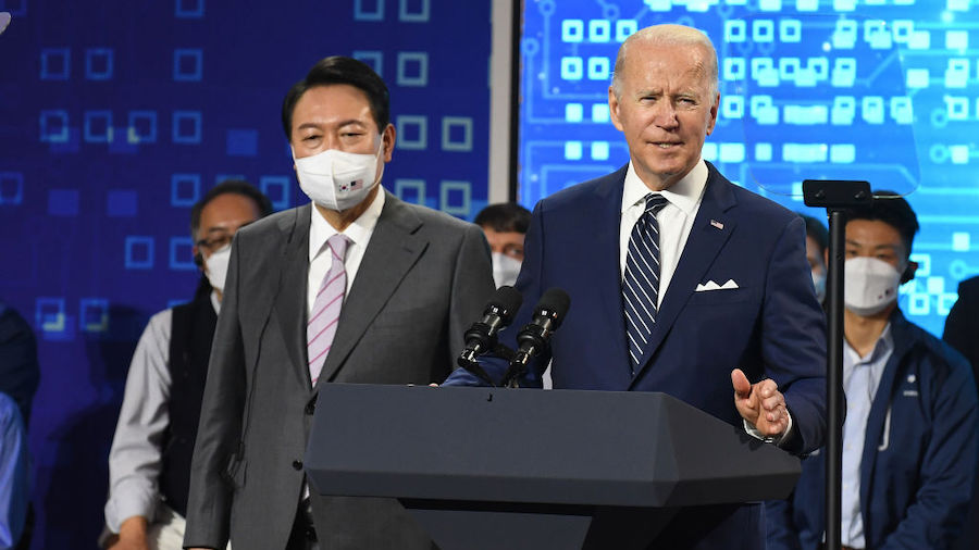 U.S. President Joe Biden delivers remarks with South Korean President Yoon Suk-yeol as they visit t...