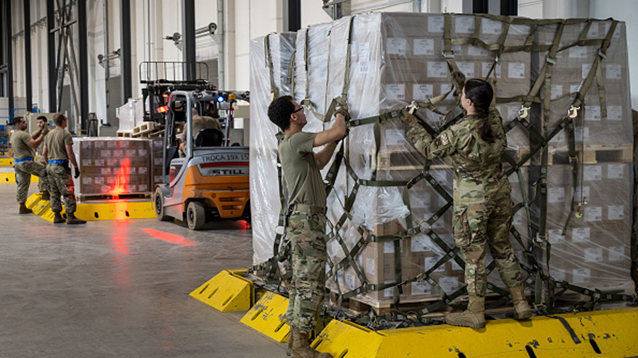 RAMSTEIN-MIESENBACH, GERMANY - MAY 21: U.S. airmen load pallets with baby formula which arrived by ...
