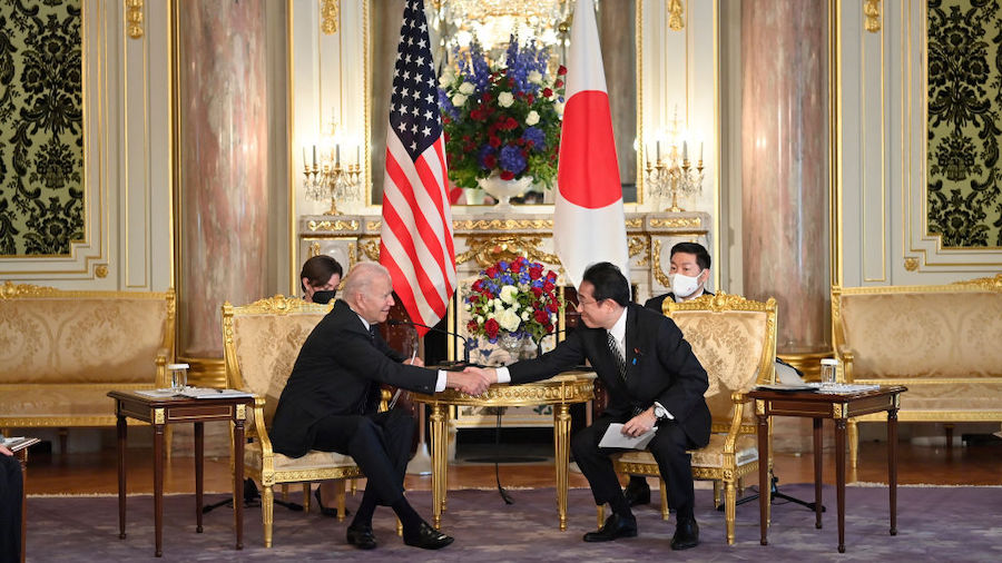 President Joe Biden and Japan's Prime Minister Fumio attend the Japan-US summit meeting at Akasaka ...