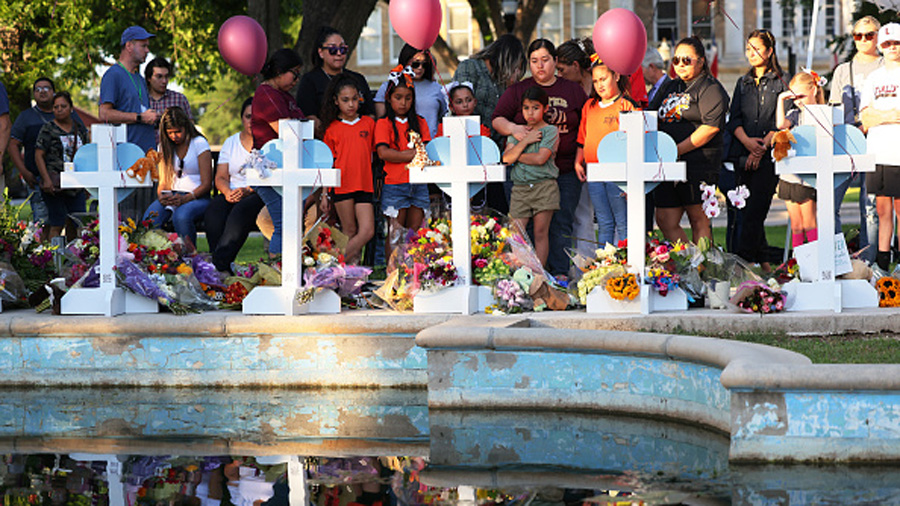 UVALDE, TEXAS - MAY 26: People visit memorials for victims of Tuesday's mass shooting at a Texas el...