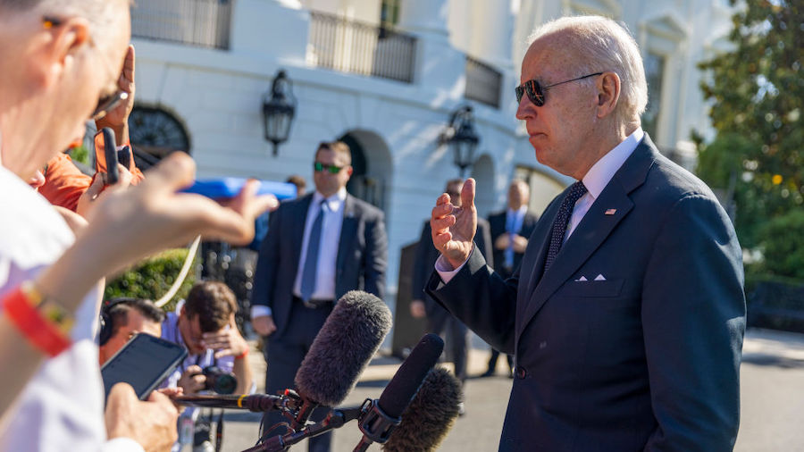 President Joe Biden speaks to the media on the south lawn of the White House on May 30, 2022 in Was...