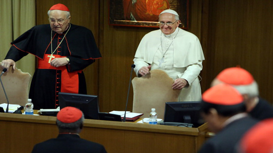VATICAN CITY, VATICAN - FEBRUARY 21:  Pope Francis, flanked by cardinal Angelo Sodano (L) attends t...