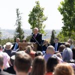 Elder Larry J. Echo Hawk, an Emeritus General Authority Seventy, speaks at the groundbreaking of the Farmington New Mexico temple on Saturday, April 30, 2022. (Used by permission, The Church of Jesus Christ of Latter-day Saints)