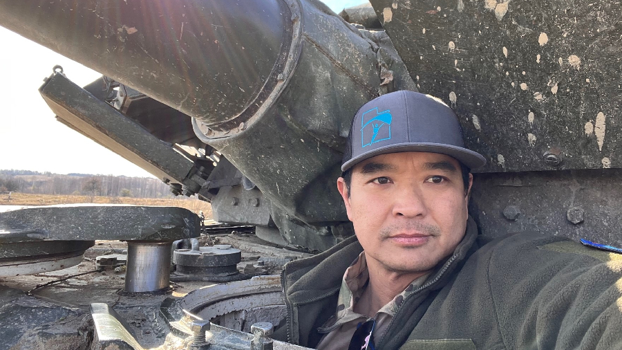 Quan Nguyen, a US Marine veteran from Kaysville pictured in a Russian tank seized by the Ukrainians...