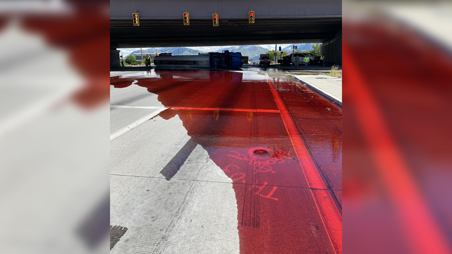 Non-hazardous fluid from a tipped semi-truck. (Credit: Utah Highway Patrol)...