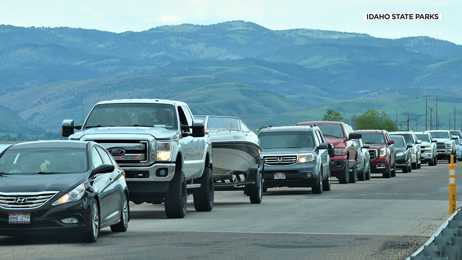 A line of cars waits for access to recreation at Bear Lake (Idaho State Parks)...