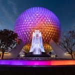 A reimagined fountain at the main entrance of EPCOT shines in front of Spaceship Earth at Walt Disney World Resort in Lake Buena Vista, Fla., Dec. 22, 2020. The fountain hearkens back to the origins of EPCOT and is the next milestone in the park’s ongoing historic transformation. (David Roark, photographer)