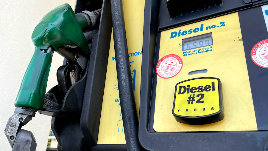 Diesel prices over $6.50 a gallon are displayed on a pump at a Chevron gas station on May 2 in San ...