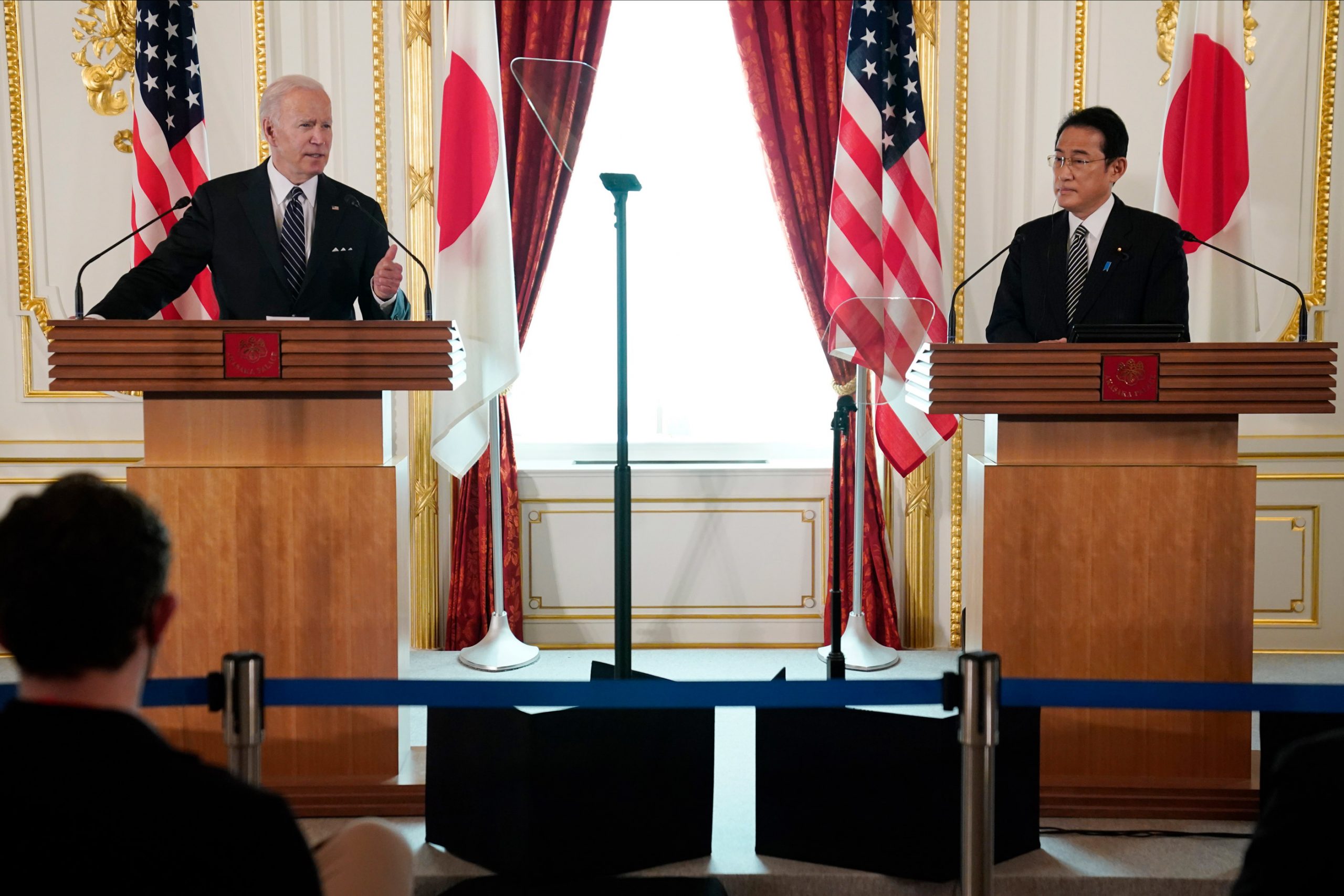 President Joe Biden, left, speaks during a news conference with Japanese Prime Minister Fumio Kishi...