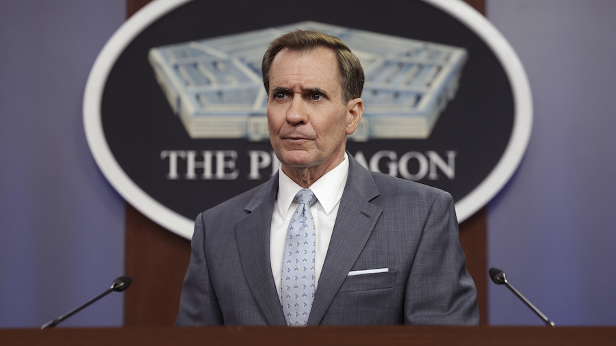 Pentagon Press Secretary John Kirby holds a press briefing at the Pentagon on May 19, in Arlington,...