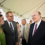 Elder Quentin L. Cook and Elder Gary E. Stevenson greet guests at the Smithfield Utah Temple groundbreaking ceremony in Smithfield, Utah, on Saturday, June 18, 2022. (Credit: The Church of Jesus Christ of Latter-day Saints)
