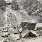 Large rockslide on North Entrance Road in the Gardner Canyon. (National Park Service)