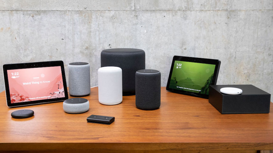 An assortment of newly launched devices, including, an "Echo Input," "Echo Show, "Echo Plus," "Echo...