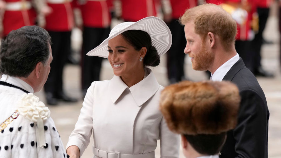 Prince Harry and Meghan Markle, Duke and Duchess of Sussex arrive for a service of thanksgiving for...