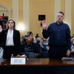 WASHINGTON, DC - JUNE 09:   U.S. Capitol Police Officer Caroline Edwards and documentary filmmaker Nick Quested are sworn in to testify before a hearing of the Select Committee to Investigate the January 6th Attack on Capitol Hill on June 9, 2022 in Washington, DC. (Photo by Jonathan Ernst-Pool/Getty Images)