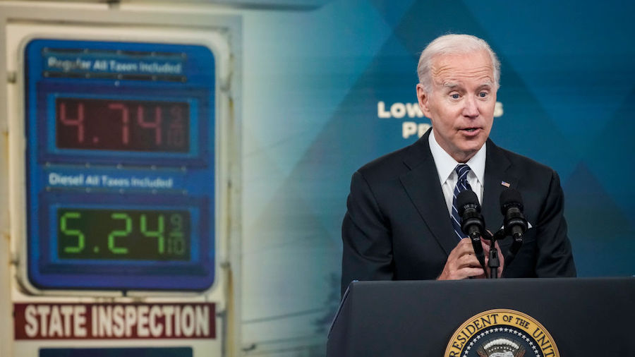 U.S. President Joe Biden speaks about gas prices in the South Court Auditorium at the White House c...