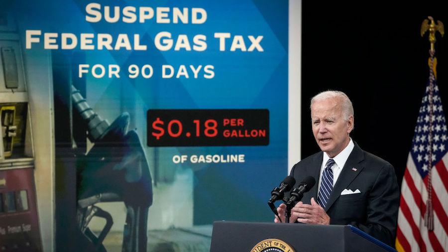 President Joe Biden speaks about gas prices in the South Court Auditorium at the White House campus...