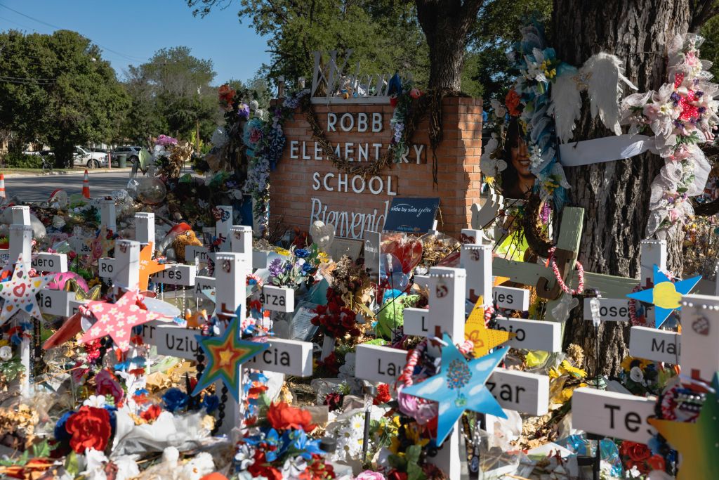 UVALDE, TX - JUNE 24: The memorial for the massacre at Robb Elementary School on June 24, 2022 in U...