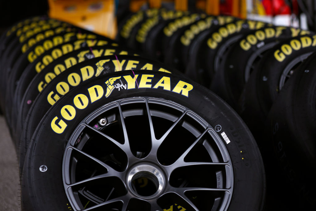 DAYTONA BEACH, FLORIDA - FEBRUARY 19: Good Year tires stacked in the garage area during practice fo...