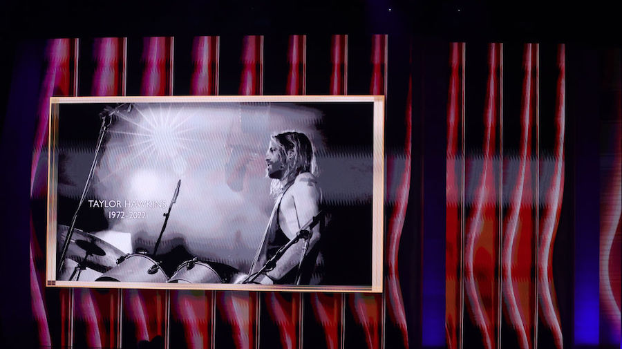 An image of the late Taylor Hawkins is projected onto a screen during the 64th Annual GRAMMY Awards...