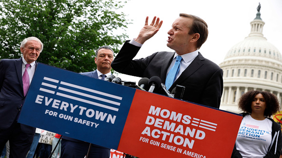 WASHINGTON, DC - MAY 26: Sen. Chris Murphy (D-CT) addresses a rally with fellow Senate Democrats an...
