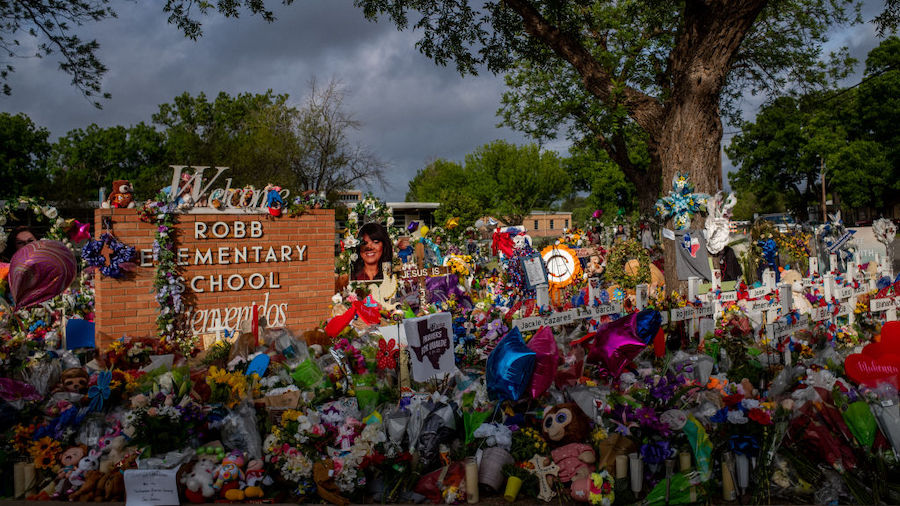 A memorial dedicated to the 19 children and two adults killed on May 24th during the mass shooting ...