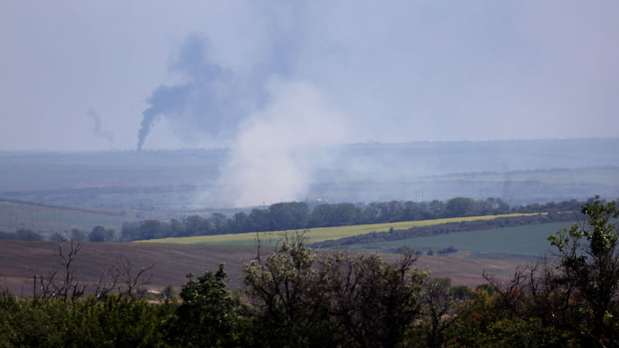 Smoke rises from a battlefield on June 08, 2022 near Sloviansk, Ukraine. In recent weeks, Russia ha...