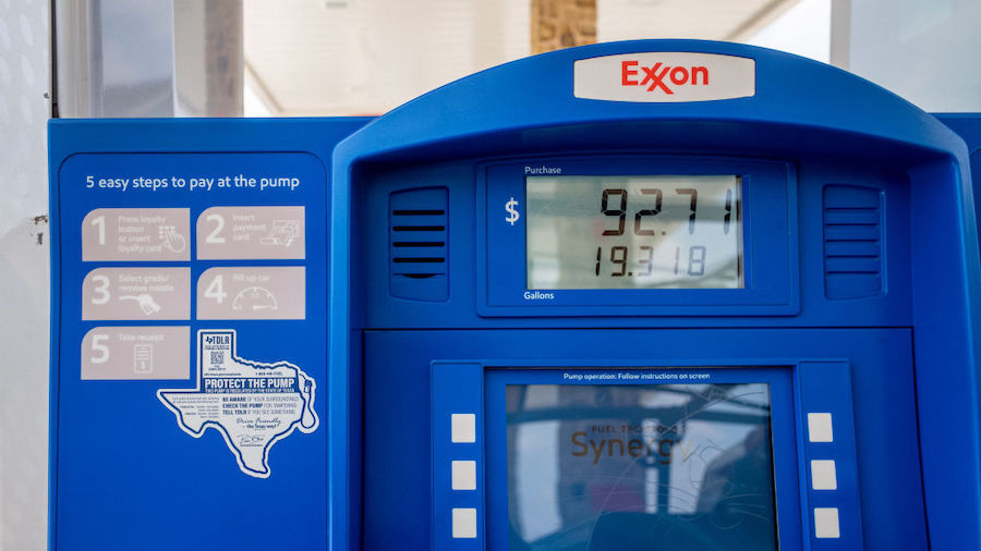 An Exxon Mobil gas pumping station is seen on June 09, 2022 in Houston, Texas. Gas prices are breac...