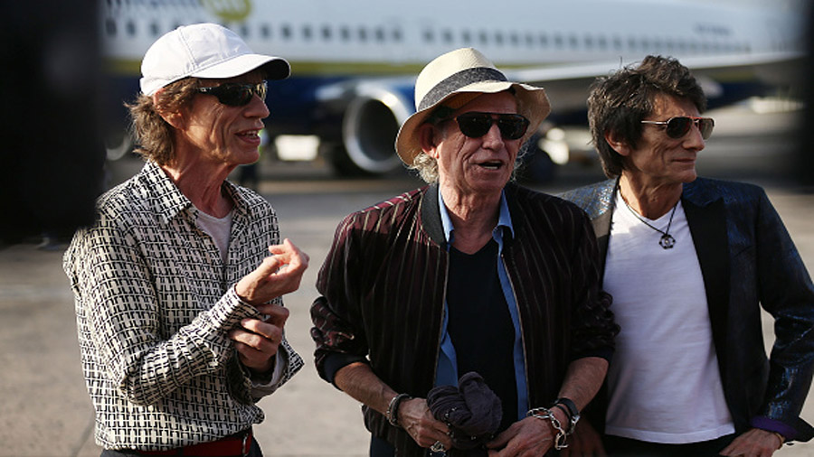 HAVANA, CUBA - MARCH 24: Mick Jagger, Keith Richards and Ronnie Wood of the Rolling Stones talk to ...