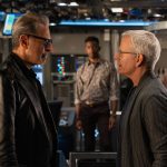 (from left) Dr. Ian Malcolm (Jeff Goldblum), Ramsay Cole (Mamoudou Athie) and Lewis Dodgson (Campbell Scott) in Jurassic World Dominion, co-written and directed by Colin Trevorrow.