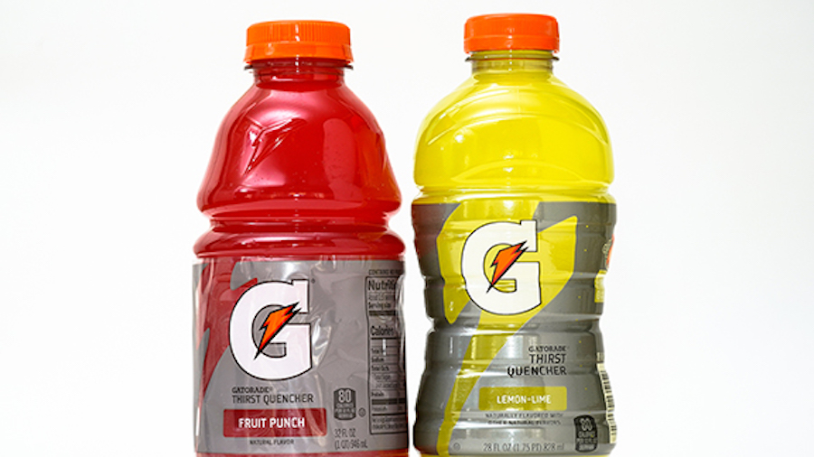 Bottles of Gatorade are pictured, left, a 32 fluid ounce and 28 fluid ounce, in Glenside, Pa., Mond...