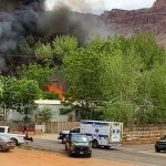 A mobile home on fire in Pack Creek, Moab. (Credit: Jim Collins.) 