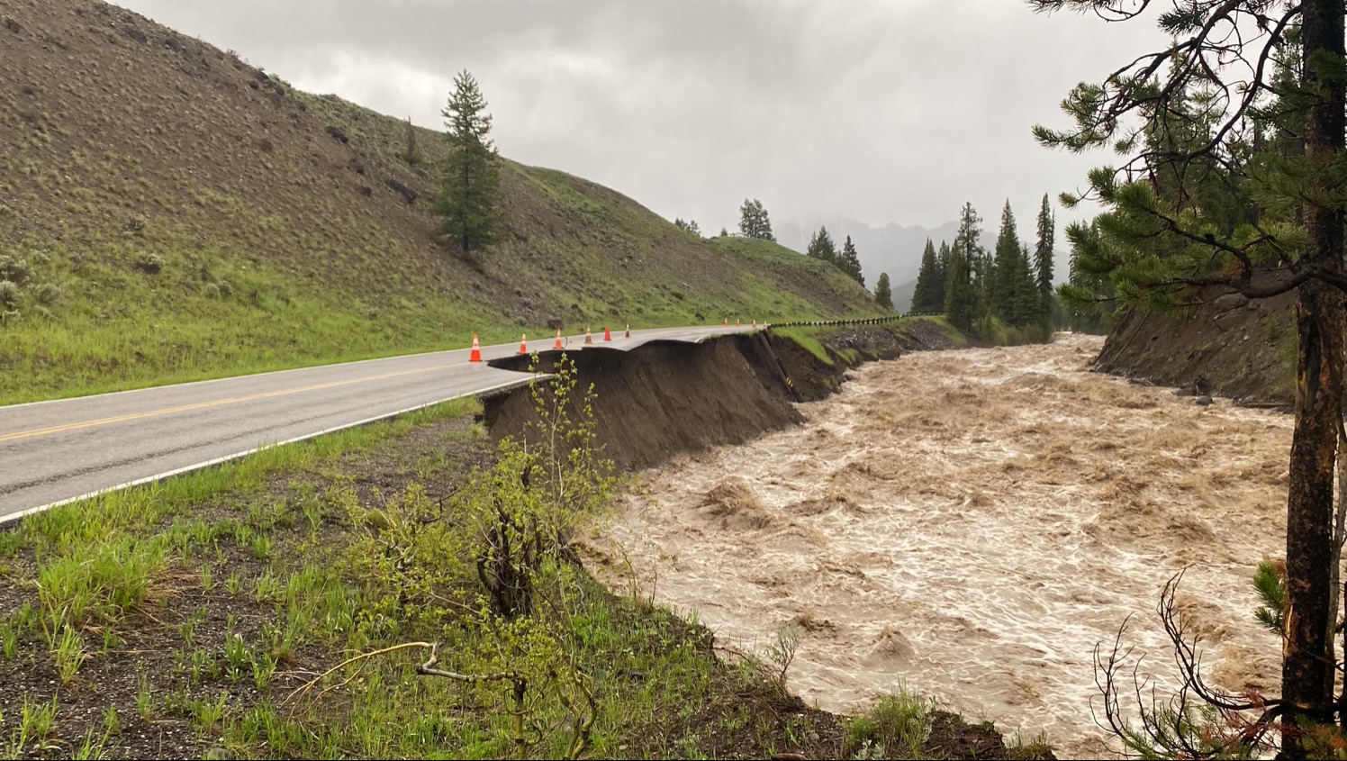 High water levels in the Lamar River eroding the Northeast Entrance Road. (Yellowstone National Par...