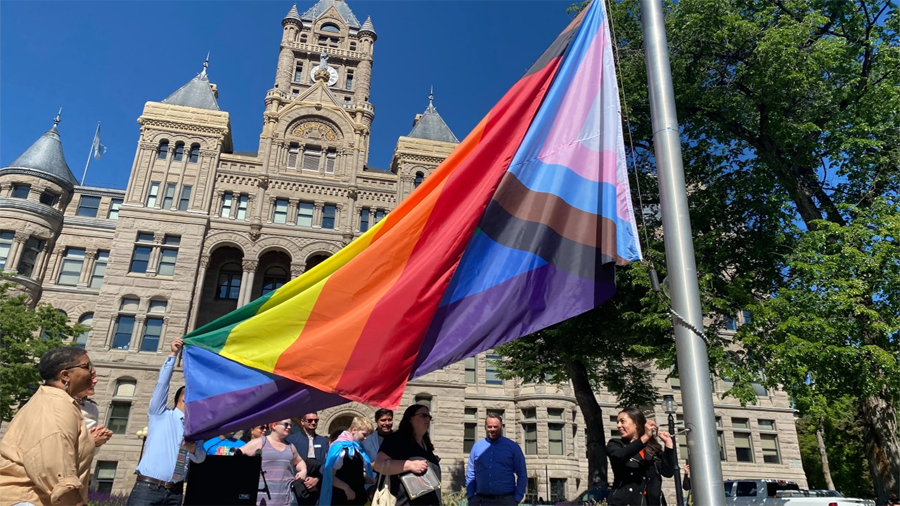 Organizer raise the Pride  flag at the Salt Lake City and County building. (KSL TV)...