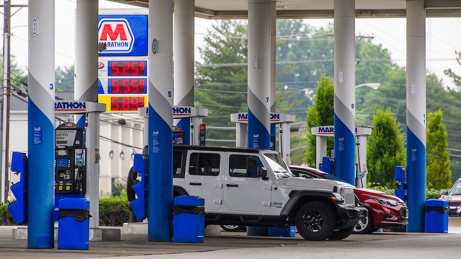 Cars pull in for gas on Tuesday, June 7, 2022. (Rich Janzaruk/Herald-Times/USA Today Network via CN...