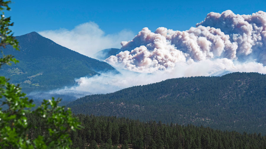 Three wildfires just north of Flagstaff, Arizona, continue to burn at an uncontrolled rate as weath...