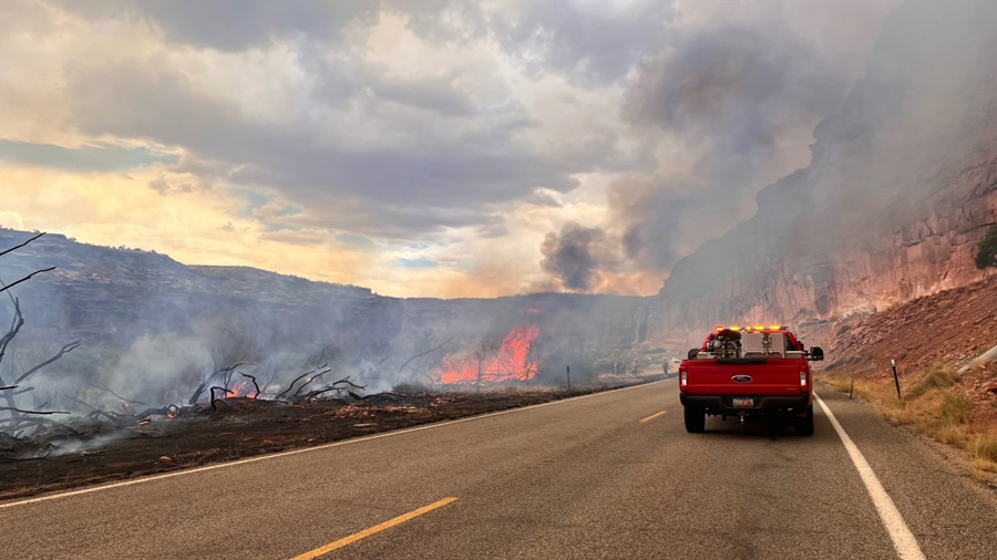 It took firefighters several hours to extinguish a fire that forced the closure of the highway seve...