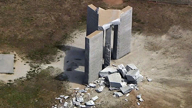 This aerial image taken from video, show damage to the Georgia Guidestones monument near Elberton, ...
