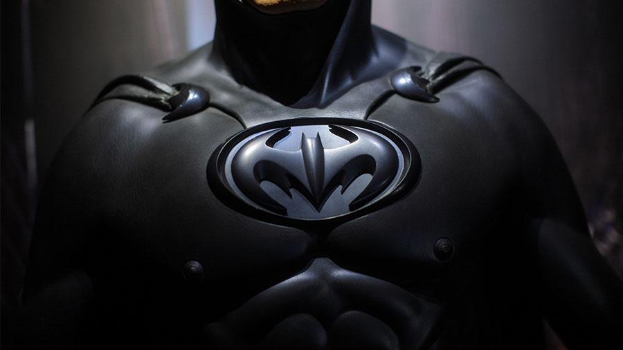 LONDON, ENGLAND - FEBRUARY 22: A Batman costume from the 1997 Batman & Robin film worn by George Cl...