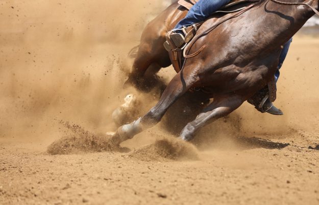 A barrel racing horse skids around the corner throwing up dirt, days of 47 rodeo