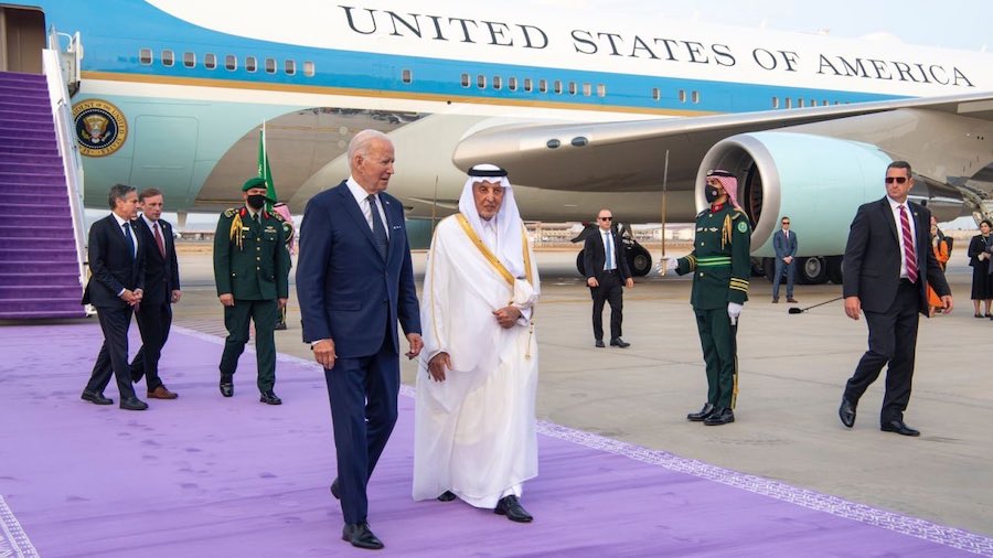 President Joe Biden arrives at King Abdulaziz International Airport in Jeddah. (Ministry of Foreign...