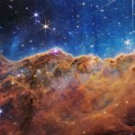 In this handout photo provided by NASA, a landscape of mountains and valleys speckled with glittering stars is actually the edge of a nearby, young, star-forming region called NGC 3324 in the Carina Nebula, on July 12, 2022 in space. Captured in infrared light by NASA's new James Webb Space Telescope, this image reveals for the first time previously invisible areas of star birth.  (Photo by NASA, ESA, CSA, and STScI via Getty Images)