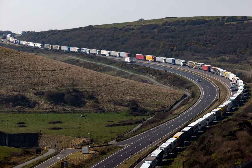 FILE: DOVER, ENGLAND - MARCH 24: Long queues of lorries make their way to the Port of Dover on Marc...